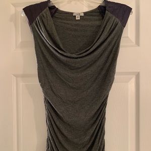 Cache grey gathered top with details on shoulders.